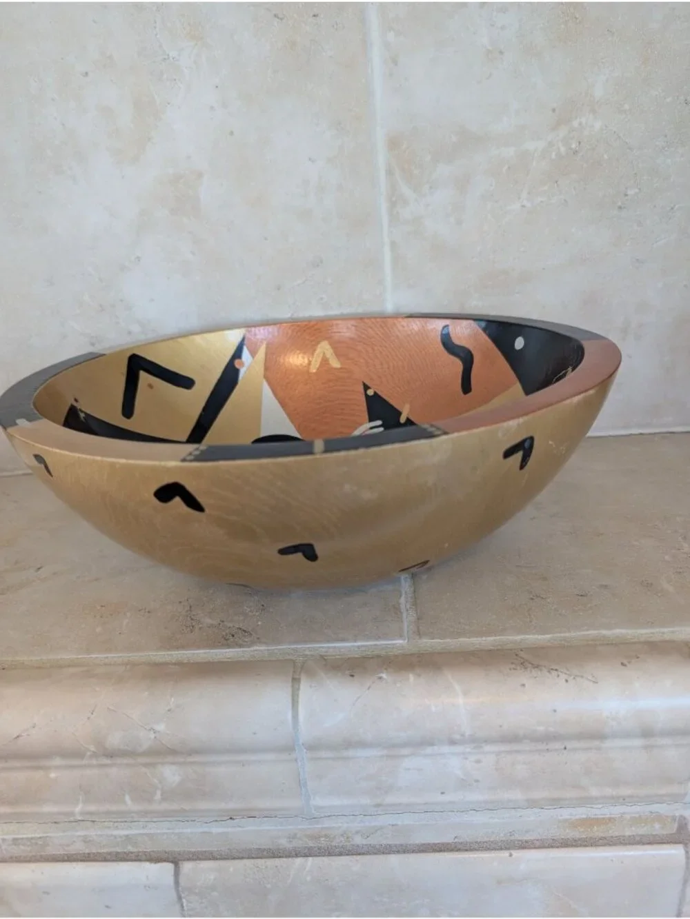 Handcrafted Wooden Decorative Bowl Painted with Tribal Designs Studio Art OOAK